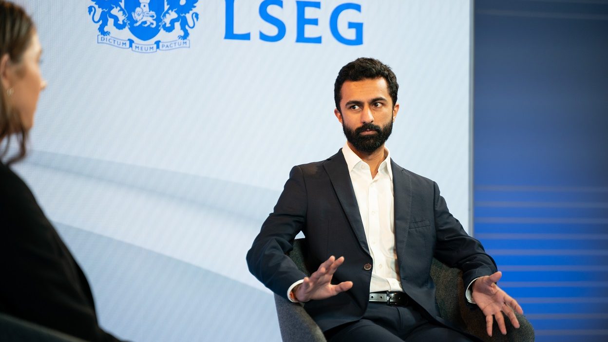 Aarondeep Singh being interviewed in studio 1 with LSEG logo featured in the background