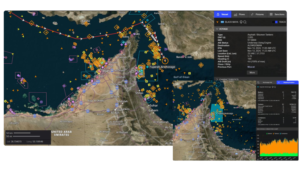 Interactive Map deliveres integrated dixture and flows data alongside vessel tracking, allowing you to develop a deeper understanding of supply chain dynamics.