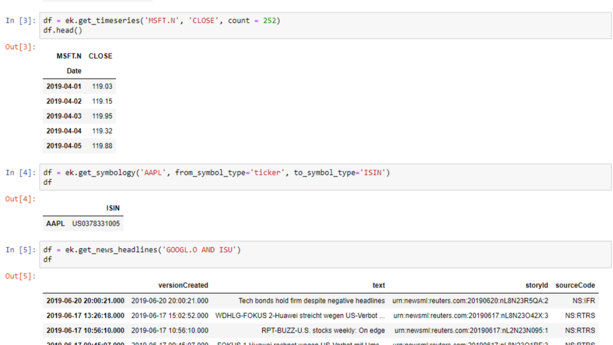 A screenshot presenting lines of Eikon data API code